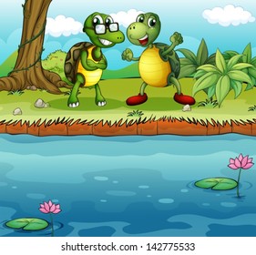 Illustration of the two playful turtles near the pond
