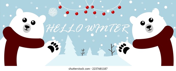 Illustration of two polar bears with red scarves welcoming winter with hanging red balls. Collection of cute winter designs and templates for design winter banners, winter posters
