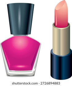 Una ilustración de dos elementos cosméticos populares: una botella de esmalte de uñas rosa y un lápiz labial de color rosa a melocotón. Estos productos, que a menudo se combinan en Conjuntos de belleza coordinados, ayudan a crear un aspecto cohesivo y pulido. El esmalte de uñas mejora y protege las uñas, mientras que el lápiz labial añade un color suave y definición a los labios, haciendo que esta combinación sea ideal para el maquillaje diario, imágenes de moda y marcas de belleza.