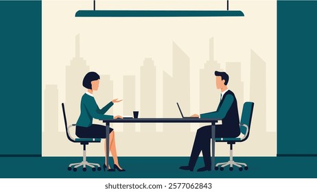 An illustration of two professionals seated across a desk, engaged in a business discussion in a modern office setting. The design features a cityscape background, symbolizing collaboration, strategy,