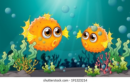 Illustration of the two puffer fishes under the sea