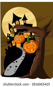 A illustration of two pumpkin halloween with barren tree in the halloween night