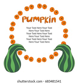 Illustration with two pumpkins. Frame of pumpkins. You can add you text here. Card or recipe page.