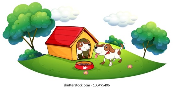 Illustration of the two puppies with a doghouse on a white background