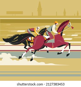 Illustration of two racing horses in action competing with each other