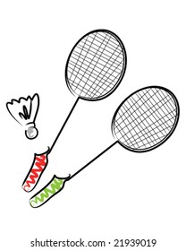 Illustration of two rackets and a shuttlecock