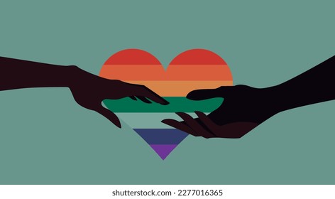 illustration of two reaching hands over lgbtq flag.