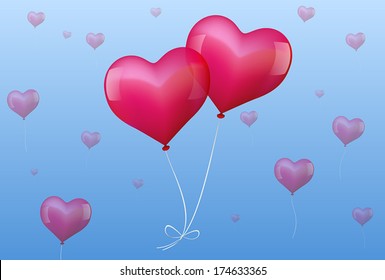 Illustration of two realistic looking pink balloons, which are bound together and seem to fall in love.