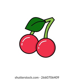 Ilustración de dos cerezas rojas con superficies brillantes, subgrupos verdes fusionados y hojas verdes frescas.
