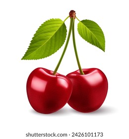 Illustration of two red cherries with a green leaf on their stems, set against a white