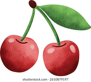 An illustration of two red cherries with a green stem and leaf, isolated against a white background