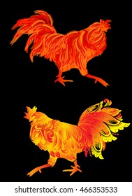 illustration with two red flame roosters as animal symbol of Chinese New year 2017 isolated on black background