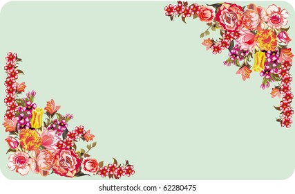 illustration with two red floral corners on blue background