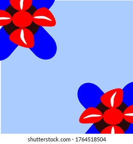 
illustration of two red flowers that are opposite which have four red petals and there is a vertical white line and a black circle and two rectangles that cross the blue are in the lower right corner
