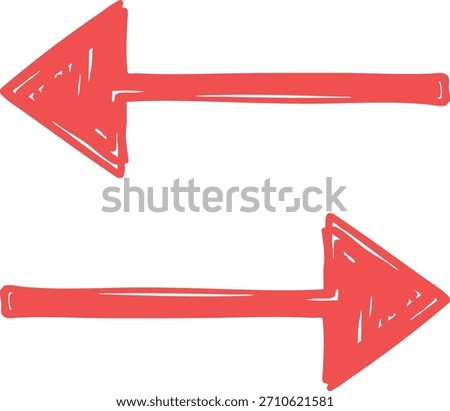 Illustration of two red handdrawn doodle arrows top one facing left and bottom one facing right isolated on transparent background