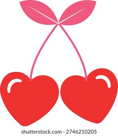 An illustration of two red heart-shaped objects resembling cherries, connected by pink stems with two leaves at the top.