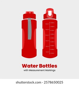 Illustration of two red reusable water bottles featuring measurement markings and spill-proof lids. Ideal for fitness tracking, hydration, and eco-friendly lifestyles, these bottles promote both 