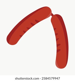 Illustration of two red sausages with grill marks. Sausages are curved and positioned in a V shape. Simple, flat design of sausages on a white background. Vector isolated on white.