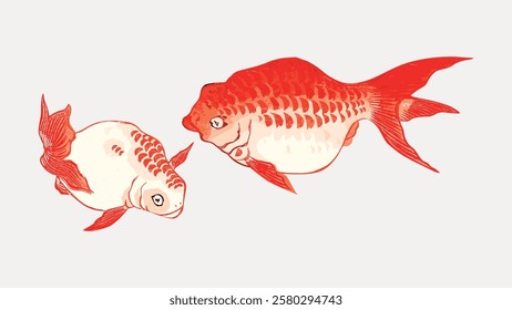 Illustration of two red and white fish with detailed scales and fins. The fish appear to be swimming together, showcasing vibrant colors and intricate patterns. Vintage fish illustration vector.