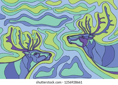 illustration of two reindeer against the aurora borealis blue and green abstraction