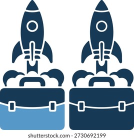 Illustration von zwei Raketen, die aus Aktentaschen in verschiedenen blauen Farbtönen starten und Geschäftsreisen und Innovation symbolisieren