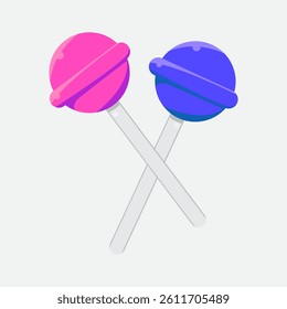 An illustration of two round lollipops, one pink and one blue, with white sticks crossed over each other on a light gray background.