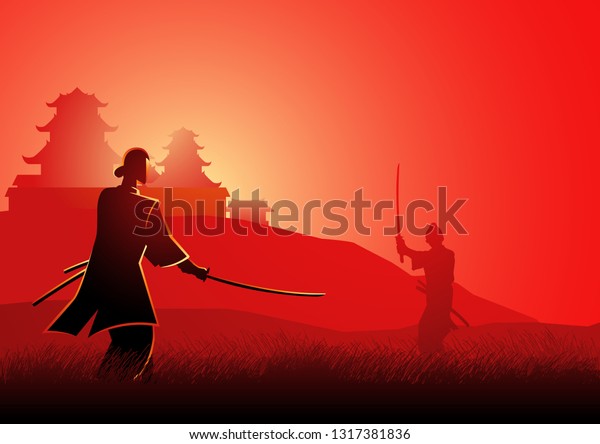 Illustration Two Samurai Duel Stance Facing Stock Vector (royalty Free 