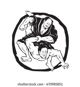 Illustration of two Samurai Jiu Jitsu Judo Fighting grappling with enso Circle in background done Drawing style.