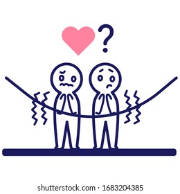 Ilustración de dos humanos simples y asustados con un corazón y un signo de interrogación
