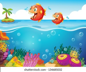 Illustration of the two scary piranhas at the sea