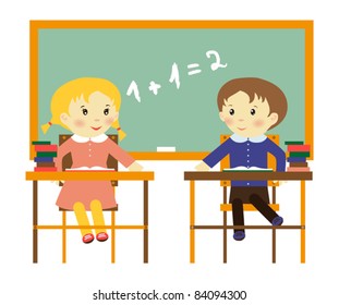 illustration of two school children in the class with blackboard