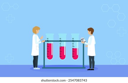 Illustration of two scientists analyzing test tubes with red liquid in a lab setting. One holds a laptop, and the other reviews data on a clipboard.