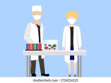 illustration of two scientists a girl and a guy in white coats and masks standing near the table, on the table test tubes and a container with bacteria, on a blue background