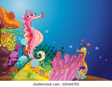 Illustration of two seahorses in love