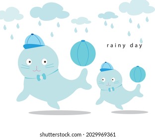 Illustration of two seals playing with a ball on a rainy day. The image is in blue tones.