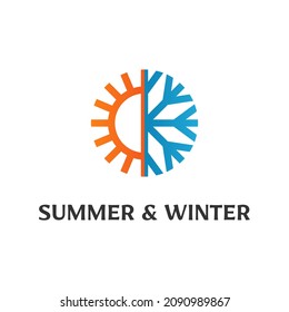Diseño de logotipo de verano e invierno de dos estaciones. Logotipo Símbolo caliente y frío. Combinación del sol con copo de nieve