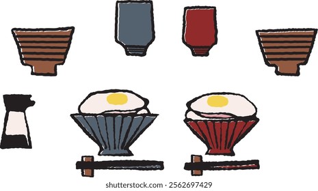 Illustration of two servings of rice with fried eggs, miso soup, tea and soy sauce (color)