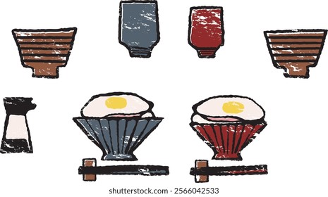 Illustration of two servings of rice with fried eggs, miso soup, tea and soy sauce (print style)