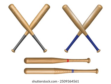 An illustration of two sets of crossed wooden baseball bats, with one set having black handles and the other blue. Below the crossed bats, two baseball bats are displayed parallel to each other, each 