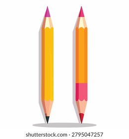 Illustration of two sharpened wooden pencils standing vertically with colorful ends on a plain white background