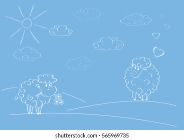 Illustration of two sheep standing in a meadow. Outline drawing on a blue background.