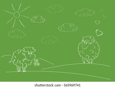 Illustration of two sheep standing in a meadow. Outline drawing on a green background.