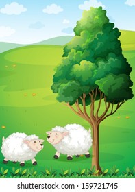 Illustration of the two sheeps near the tree