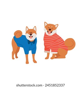 Ilustración de dos perros Shiba Inu con ropa