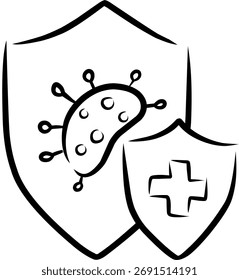 Abbildung von zwei Schutzschilden gegen einen Virus. Ein Schild hat ein Kreuz.