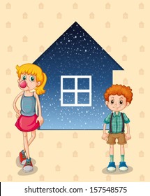 Illustration of the two siblings in front of the house