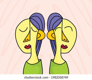 An Illustration Of Two Sides Abstract Face Drawing With Different Expressions