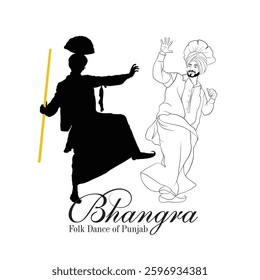 An illustration of two Sikh men performing Bhangra, A vector drawing of Punjabi dance, Vector silhouette of Lohri festival