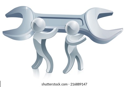An illustration of two silver men holding a big spanner 