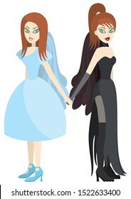 Illustration two sisters twins are holding hands. White and black angels